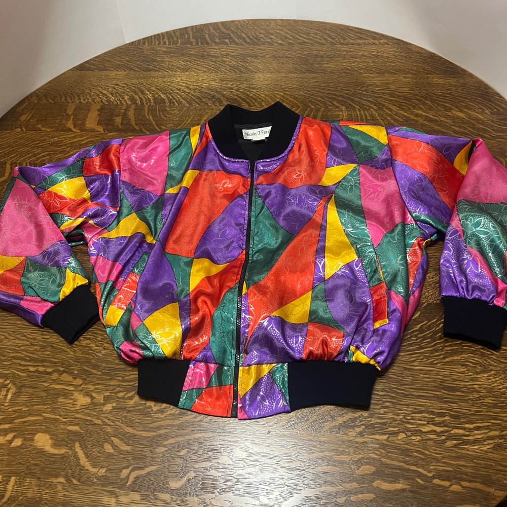 Nicole/J-Farah Bomber Jacket Womens Large Multi Color Geometric Floral Vintage